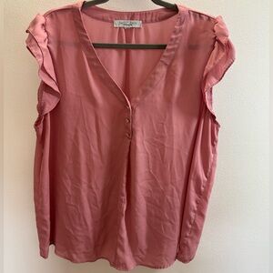 Sweet Rain Pink Ruffle Flutter Sleeve V-Neck Blouse 2X